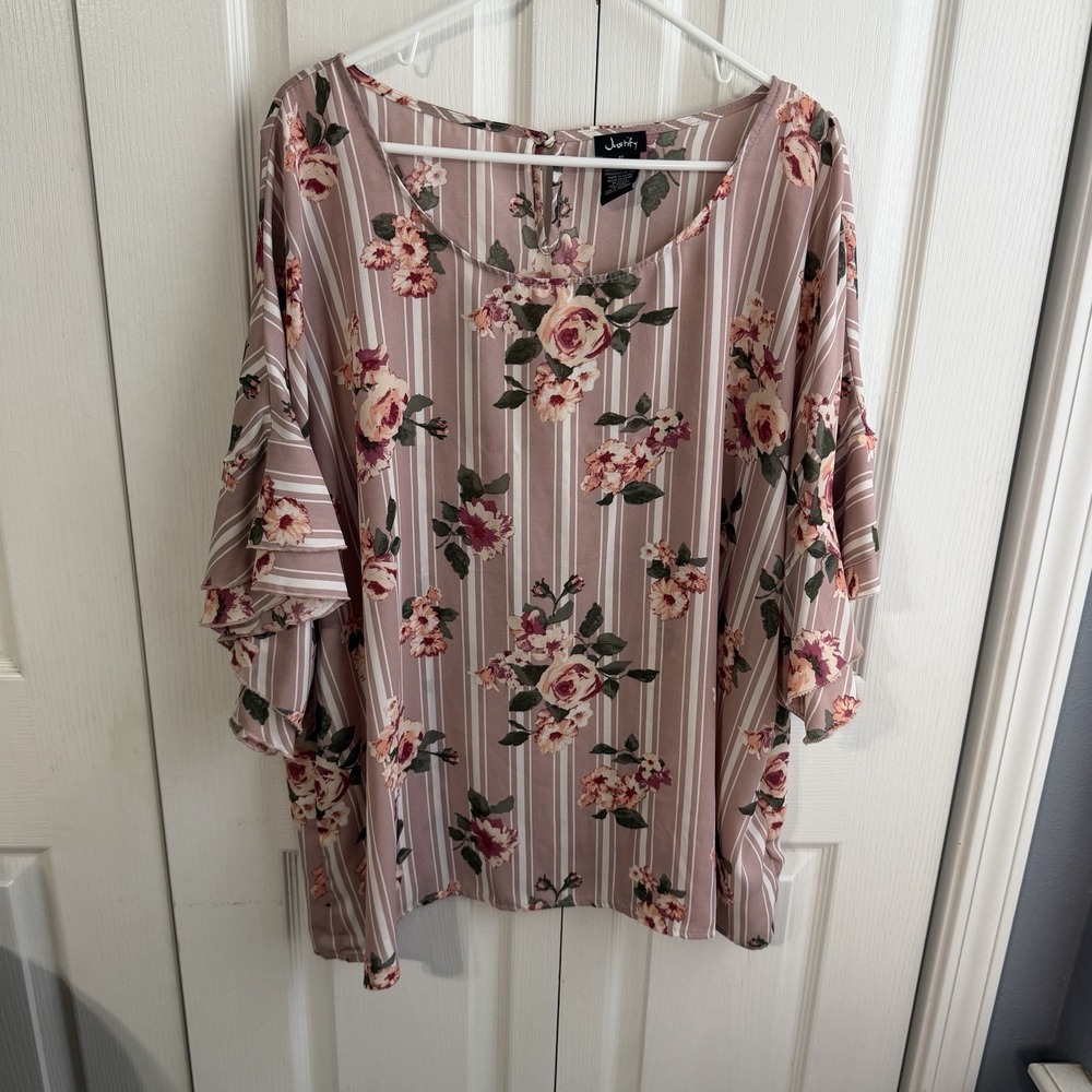 Justify Striped Floral Ruffle Sleeve Blouse Women's Size 3X Boho Office Business